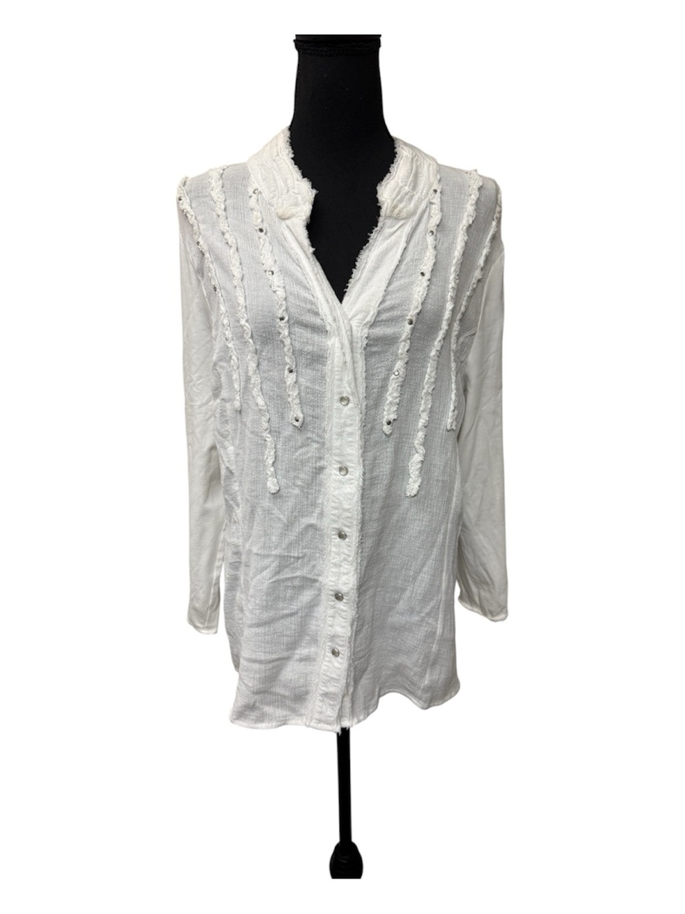 Reba White Cotton Boho Button Front Tunic Top Studded Frayed Trim Large Size